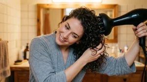Woman using diffuser attachment to dry wavy hair with head tilted sideways in bathroom