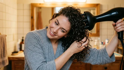 Woman using diffuser attachment to dry wavy hair with head tilted sideways in bathroom