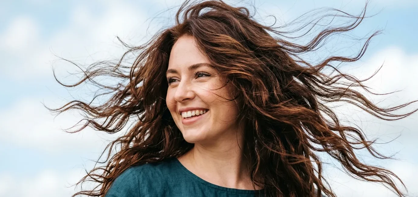 Woman with layered hair caught in motion showing natural texture and movement in bright daylight