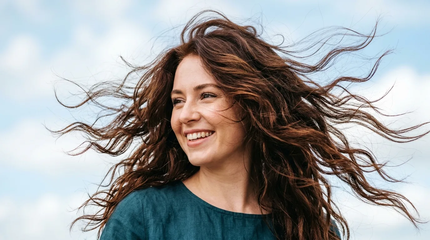Woman with layered hair caught in motion showing natural texture and movement in bright daylight