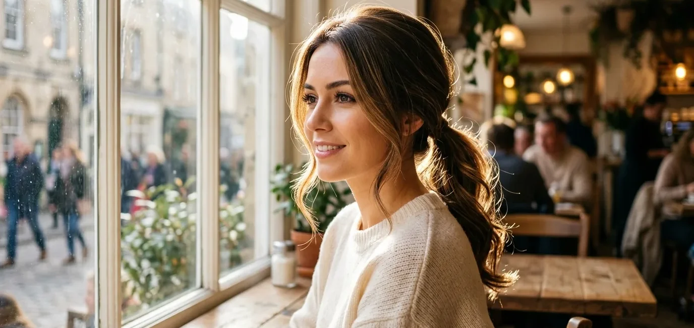 Woman with natural hair illuminated by soft cafe window light showing quick styling potential