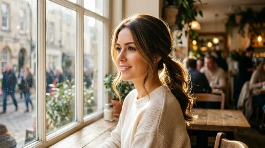 Woman with natural hair illuminated by soft cafe window light showing quick styling potential
