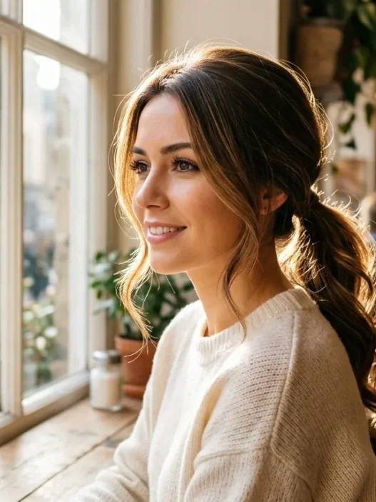 Woman with natural hair illuminated by soft cafe window light showing quick styling potential
