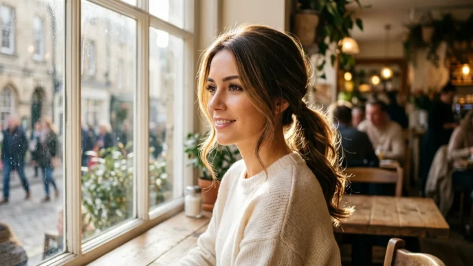 Woman with natural hair illuminated by soft cafe window light showing quick styling potential