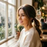 Woman with natural hair illuminated by soft cafe window light showing quick styling potential
