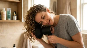 Woman with thin curly hair using diffuser attachment on blow dryer to style bouncing curls