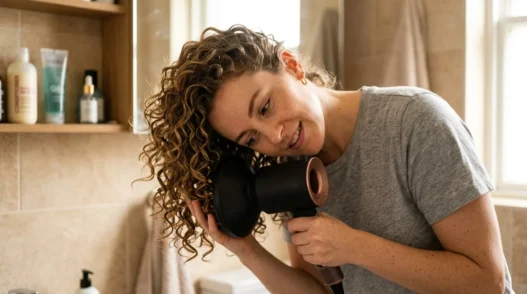 Woman with thin curly hair using diffuser attachment on blow dryer to style bouncing curls
