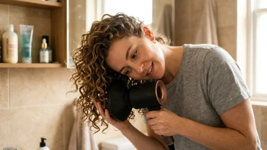 Woman with thin curly hair using diffuser attachment on blow dryer to style bouncing curls