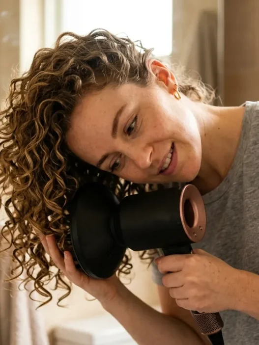 Woman with thin curly hair using diffuser attachment on blow dryer to style bouncing curls