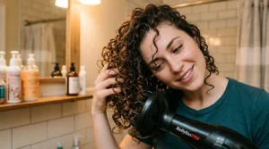Woman using diffuser attachment on blow dryer to scrunch curly hair with head tilted sideways