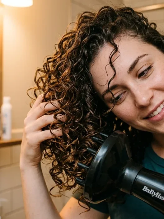 Woman using diffuser attachment on blow dryer to scrunch curly hair with head tilted sideways