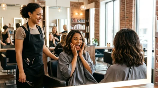 Woman with fresh lob haircut seeing her reflection in salon mirror with delighted expression