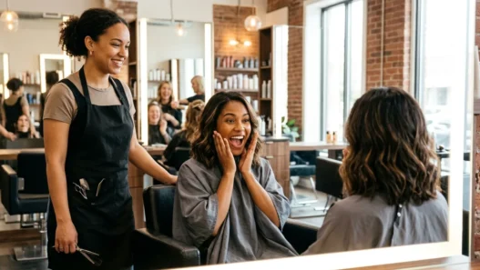 Woman with fresh lob haircut seeing her reflection in salon mirror with delighted expression