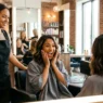 Woman with fresh lob haircut seeing her reflection in salon mirror with delighted expression