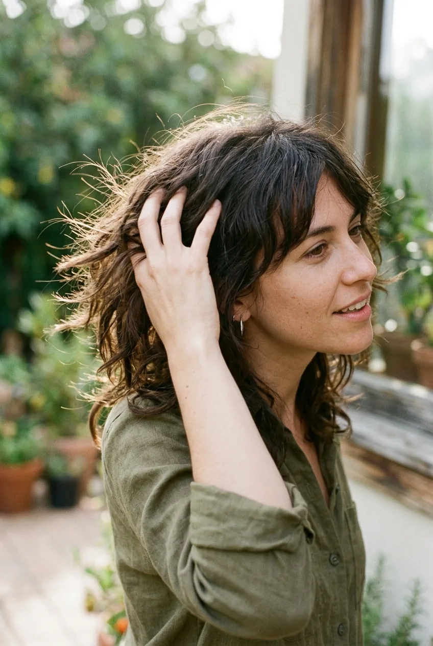 Woman running fingers through shag-cut hair showing natural movement and texture