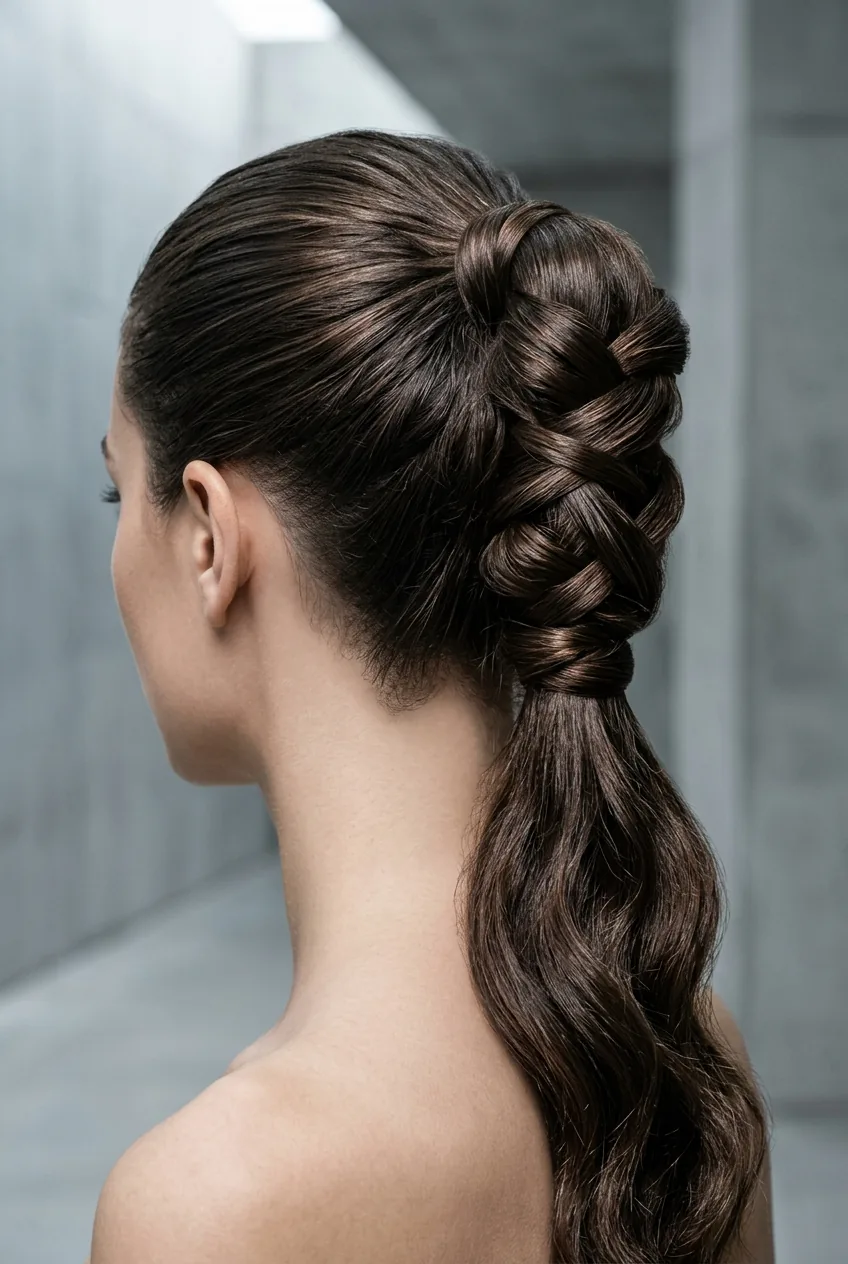 Advanced ponytail with multiple hair sections wrapped around base creating sculptural thickness