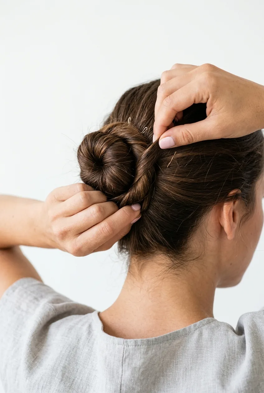 Hands wrapping twisted hair around base to form loose bun structure
