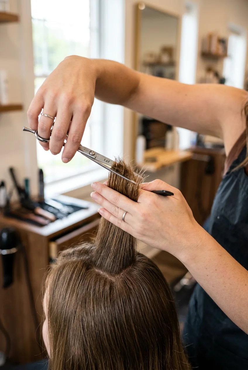Stylist holding hair section at 90-degree angle while cutting with professional shears
