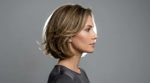 Woman with 90s layered bob showing chin-length layers and subtle movement in side profile