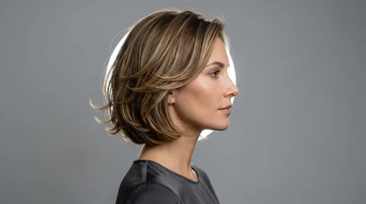 Woman with 90s layered bob showing chin-length layers and subtle movement in side profile