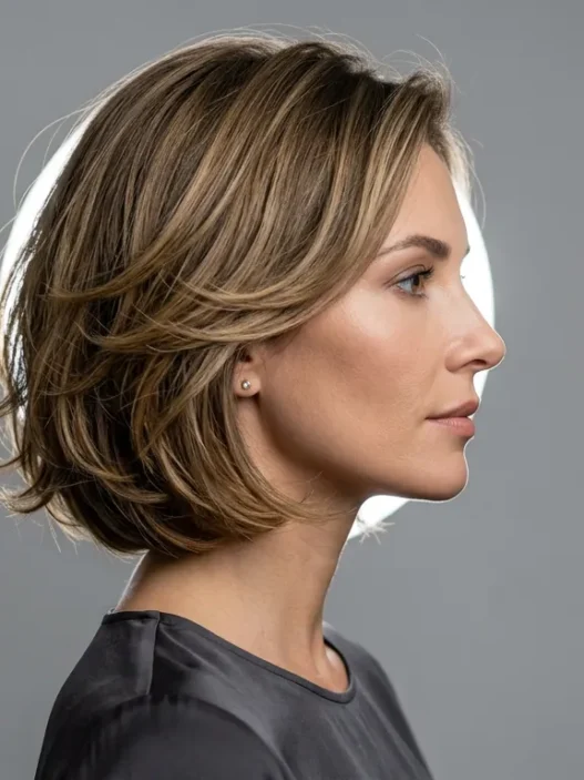 Woman with 90s layered bob showing chin-length layers and subtle movement in side profile