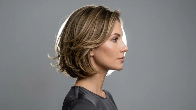 Woman with 90s layered bob showing chin-length layers and subtle movement in side profile