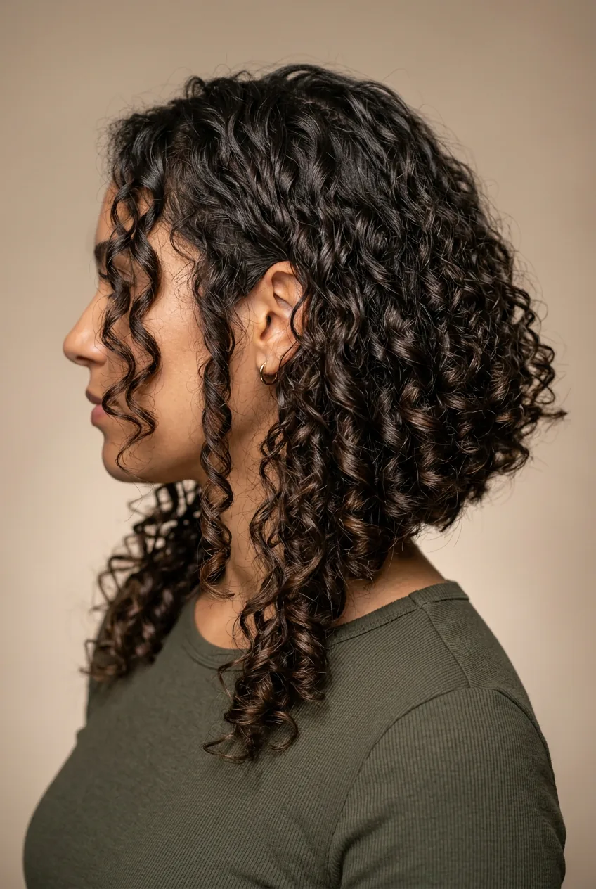 Woman with fine curly hair in A-line lob cut showing longer front shorter back angle