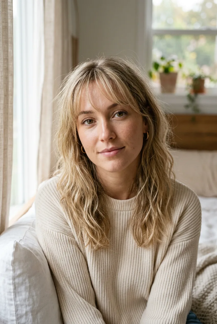 Woman with naturally air-dried wispy bangs showing effortless texture and minimal styling