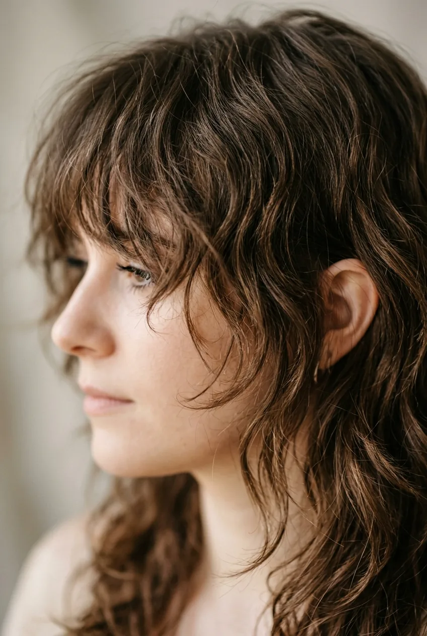 Air-dried shag hairstyle with tousled bangs displaying natural movement and lived-in texture