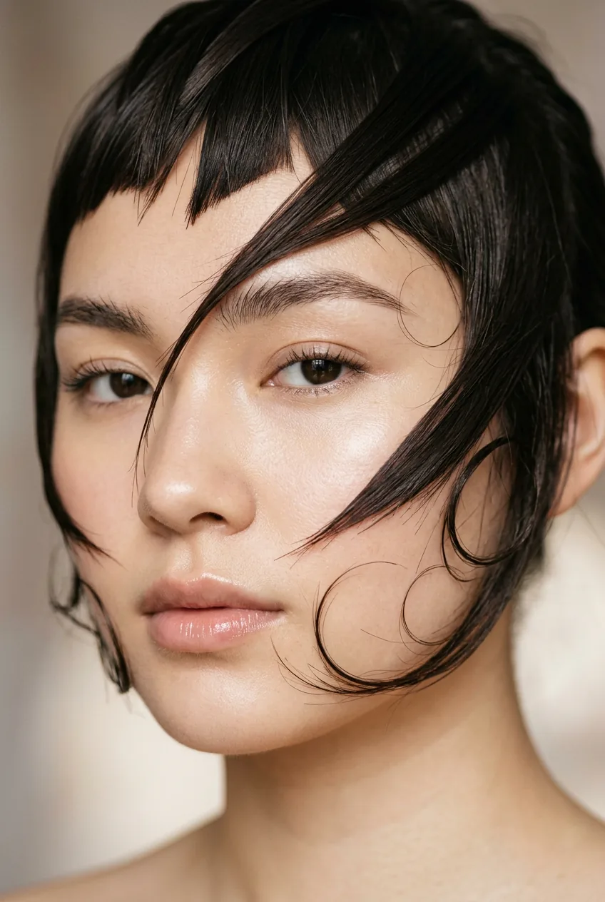 Angular diagonal layering technique creating geometric lines on round face haircut