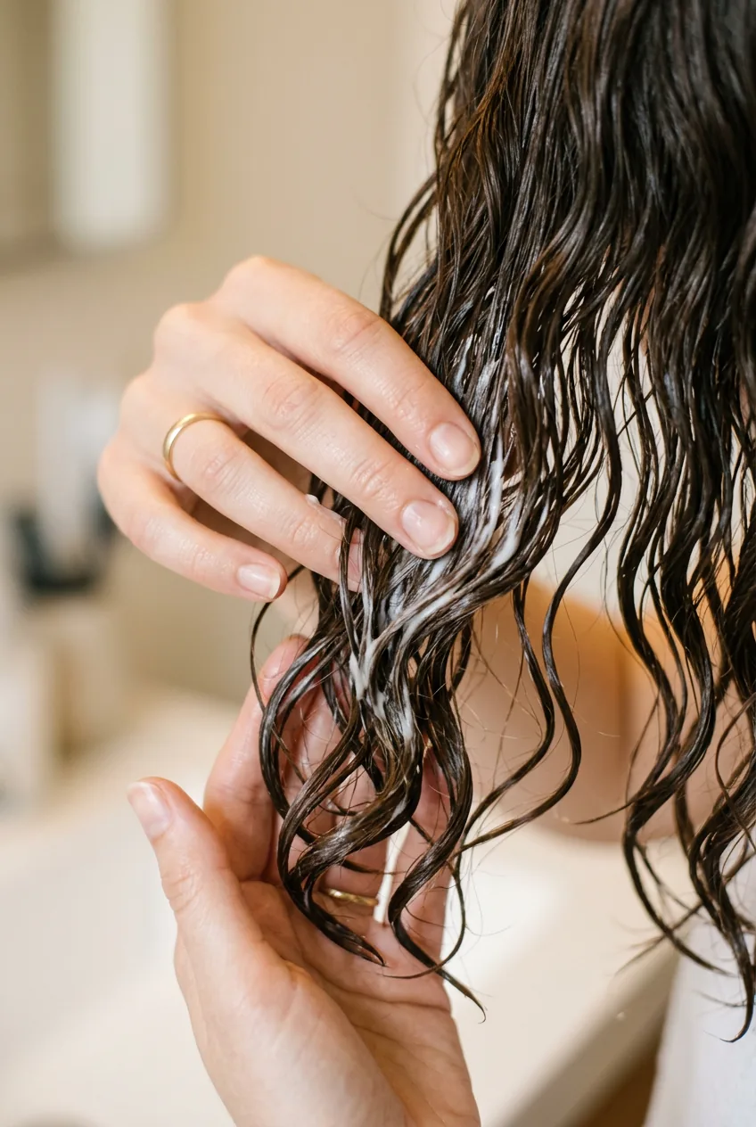 Hands applying curl cream to damp wavy hair mid-lengths demonstrating proper product distribution