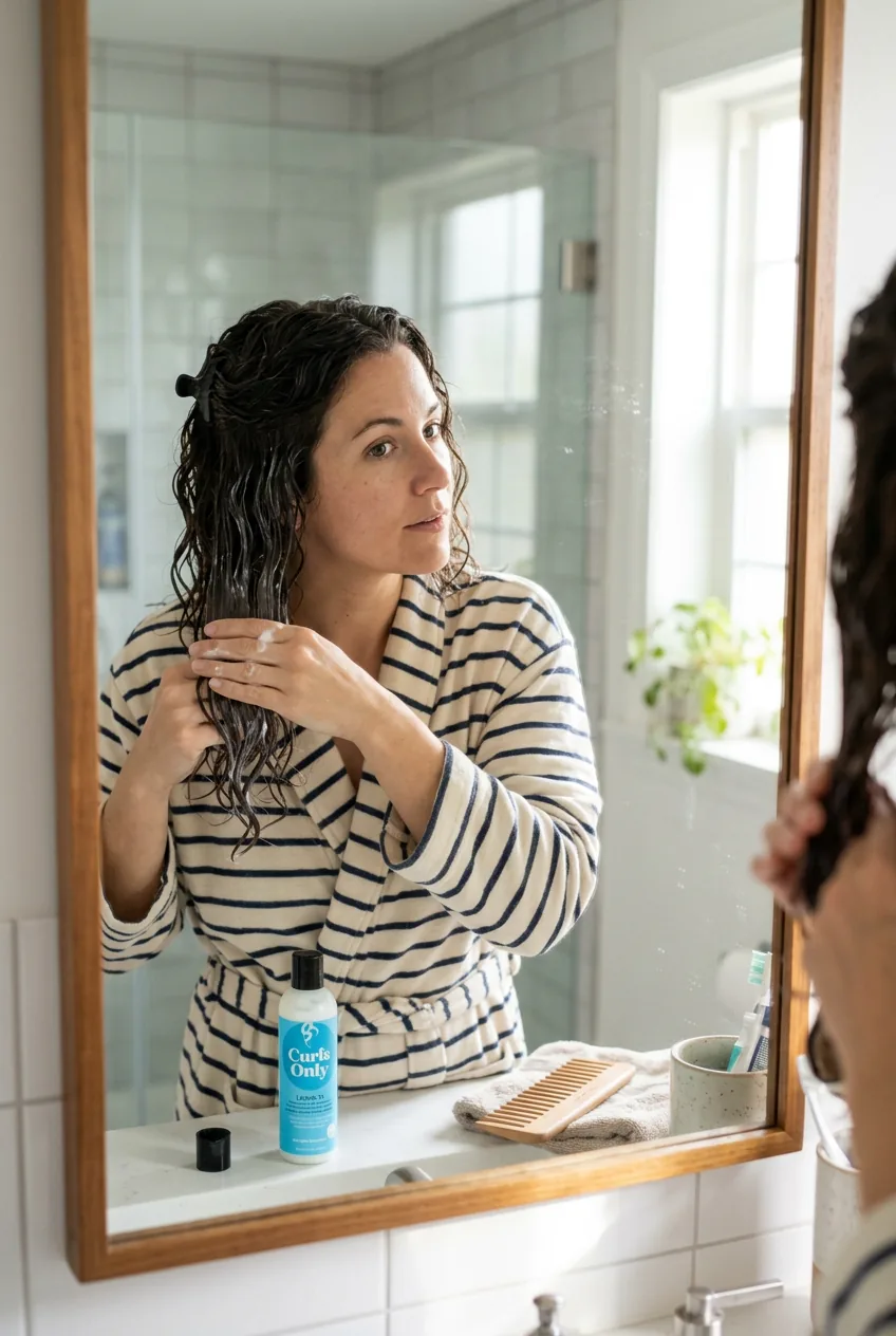 Hands applying leave-in conditioner to sectioned damp wavy hair in bathroom mirror