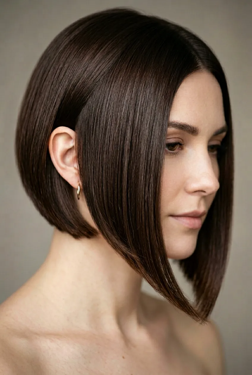 Asymmetrical bob cut showing architectural angles with ultra-smooth brunette hair