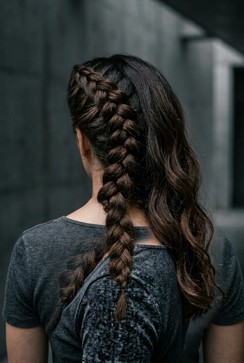Asymmetrical side braid showing thick braid on one side with loose waves on the other
