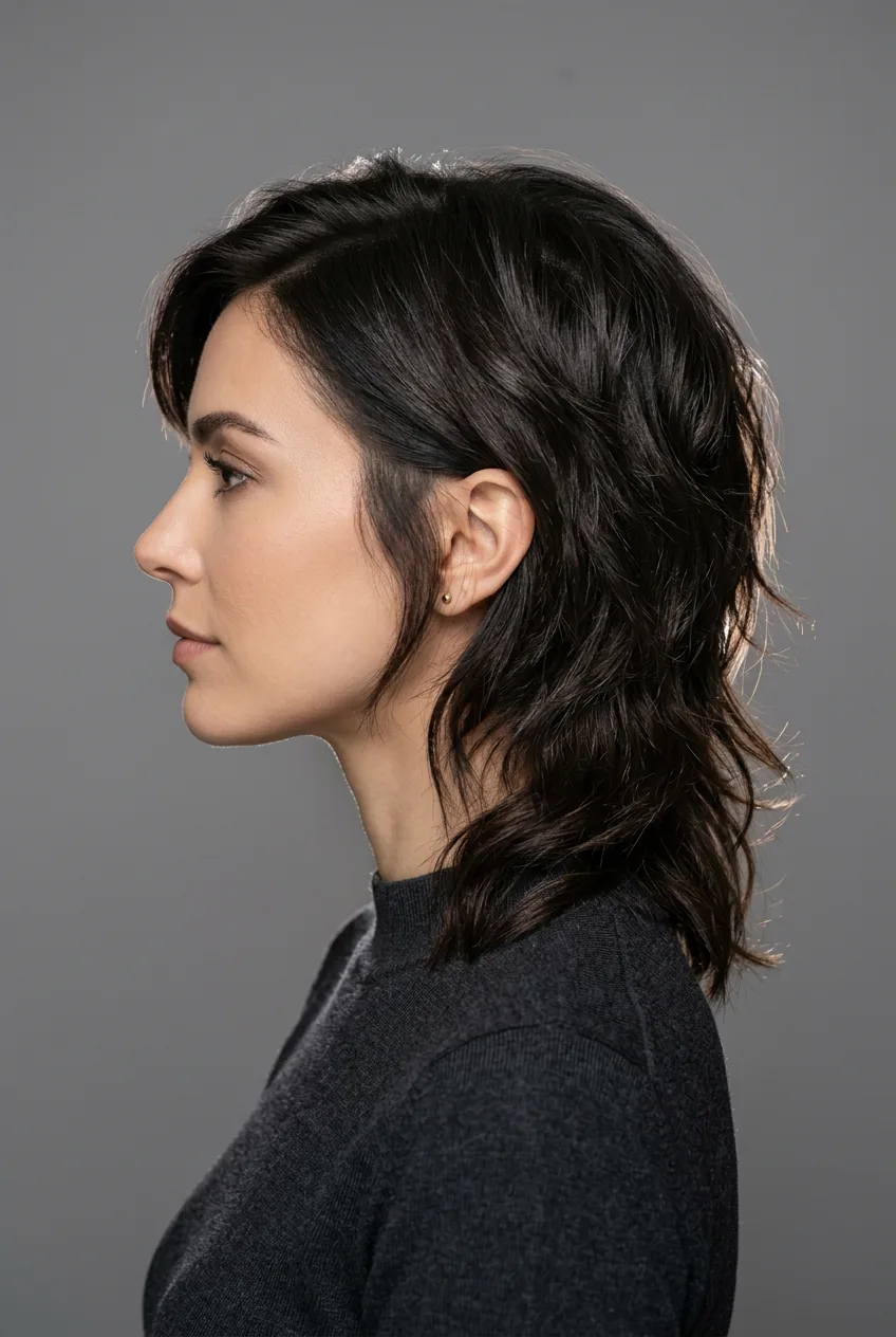 Woman with asymmetrical shag cut showing one side longer with graduated cascading layers