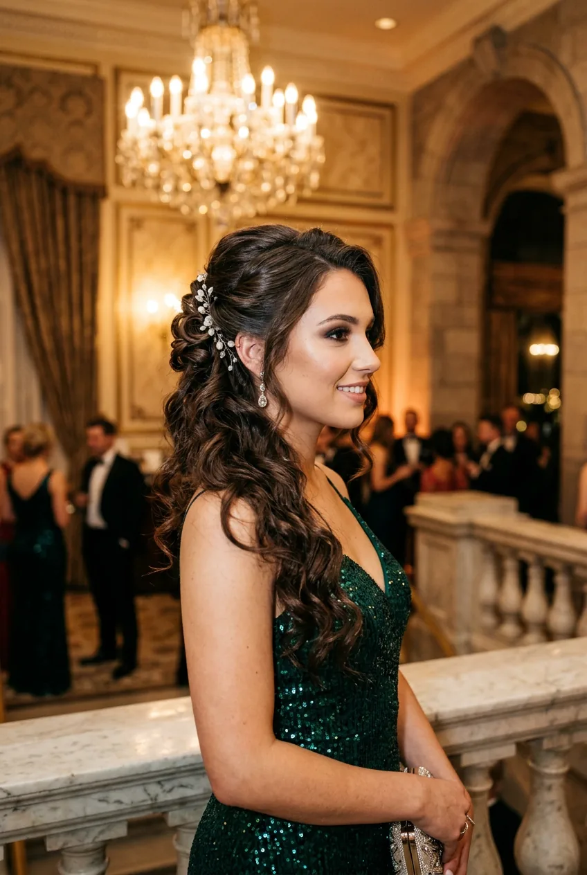 Young woman with asymmetrical half-up prom hair, one side pinned back dramatically in evening setting