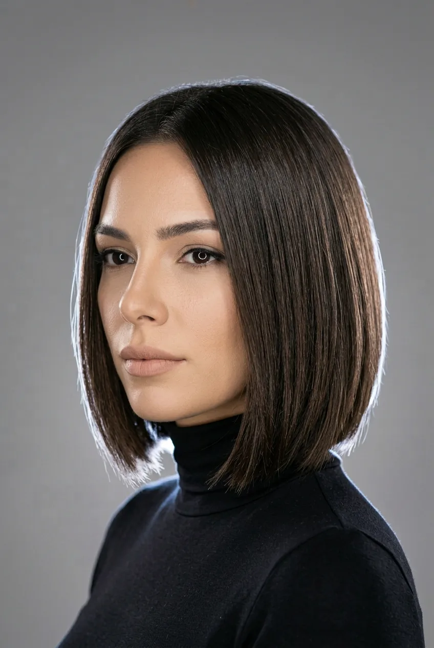Woman showing asymmetrical layered bob with one side at jaw and other at collarbone