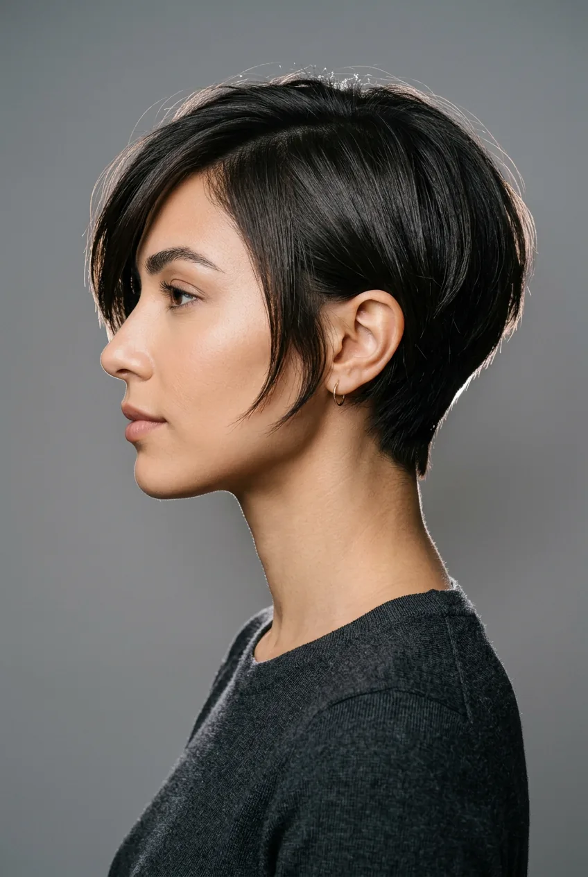 Woman with asymmetrical pixie cut showing dramatic long bangs sweeping across forehead in side view