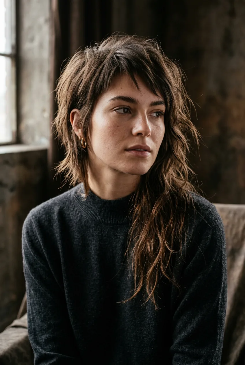 Three-quarter view of woman with asymmetrical wispy layers and creative uneven lengths