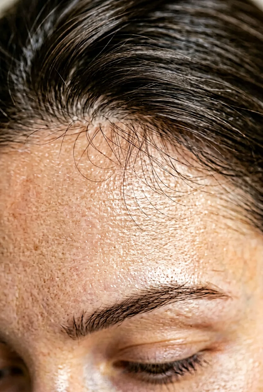 Intimate macro shot of ultra-fine baby fringe wisps at the hairline and forehead area