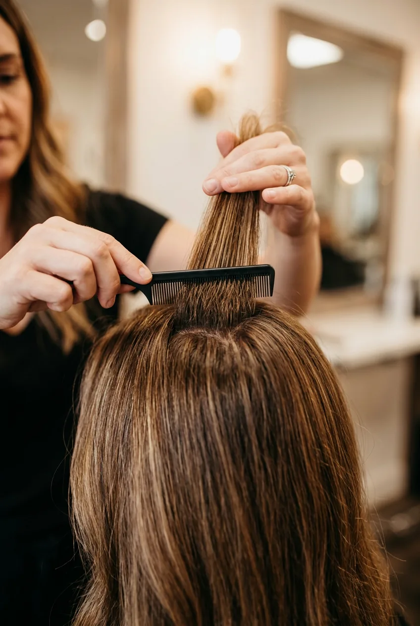 Close-up of fine-tooth comb creating volume through gentle backcombing at crown area