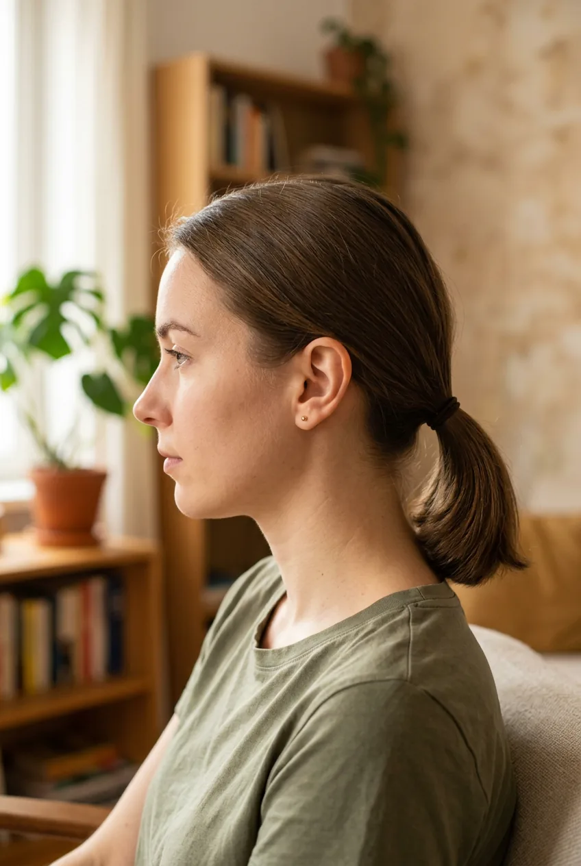 Woman with basic low ponytail positioned at nape of neck in simple everyday styling