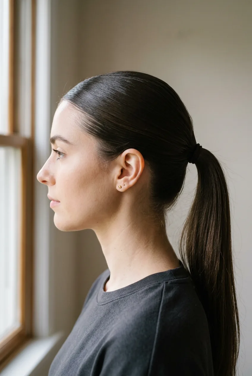 Woman showing basic mid-height ponytail placement at occipital bone with smooth crown tension