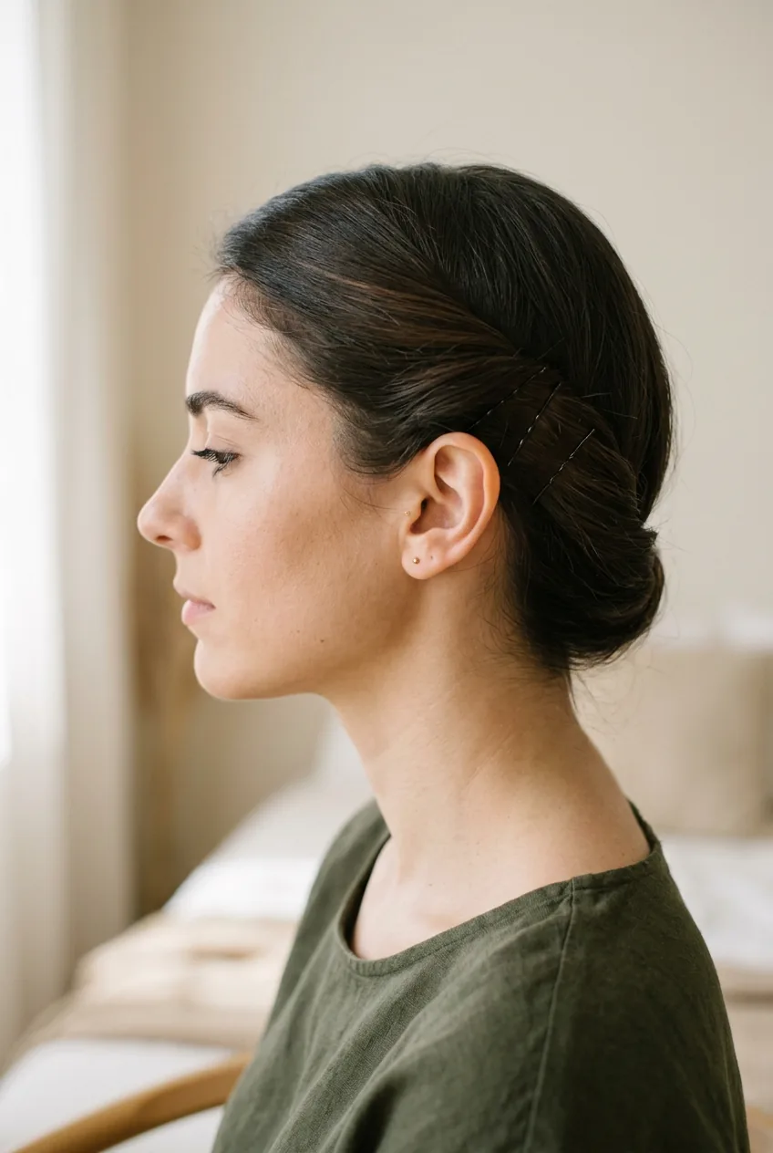 Side profile of woman with basic side twist in brunette hair secured with bobby pins behind ear