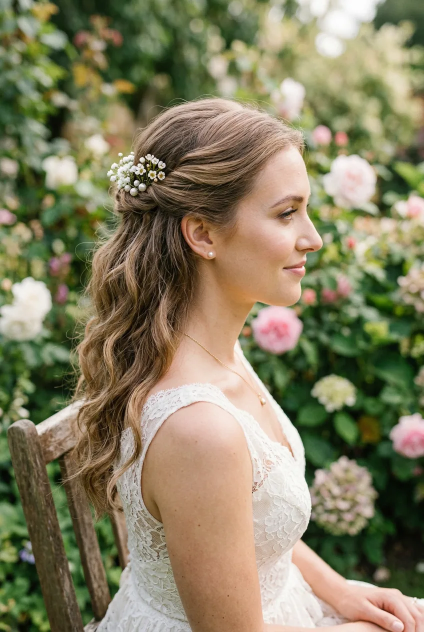 Natural beach waves with one side twisted back and pinned behind ear