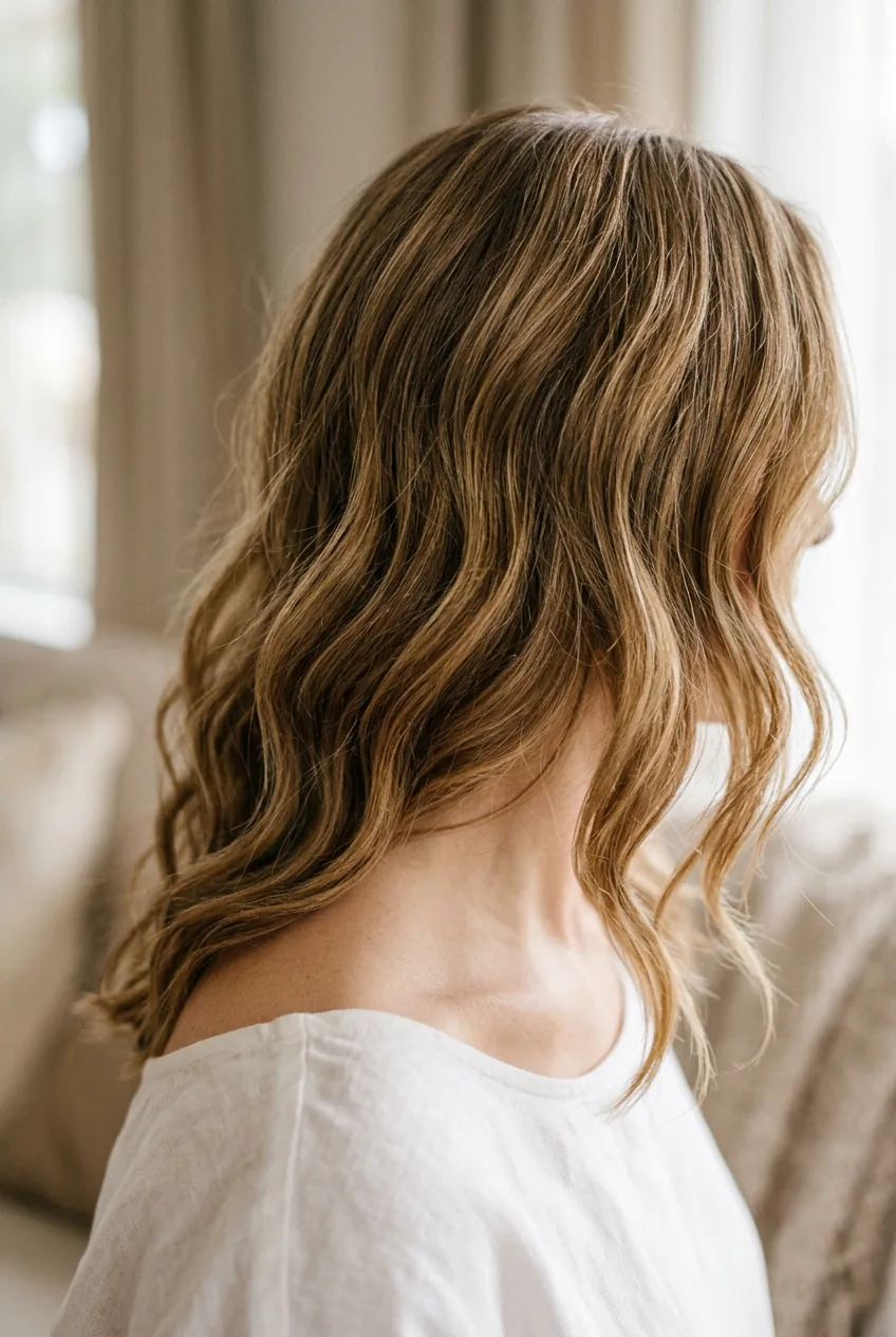 Beachy waves in collarbone length hair with golden brown highlights