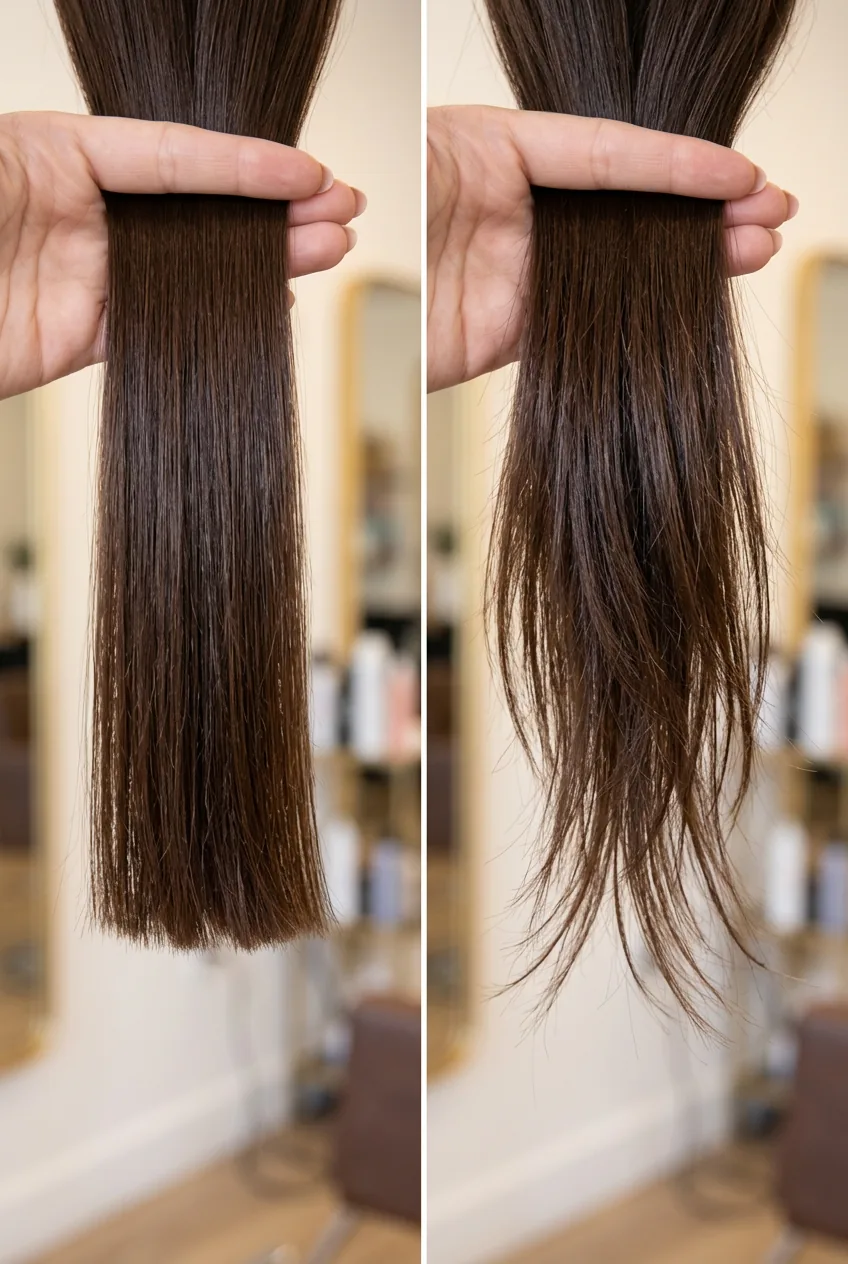 Side-by-side view of hair section before and after texturizing showing transformation to movement