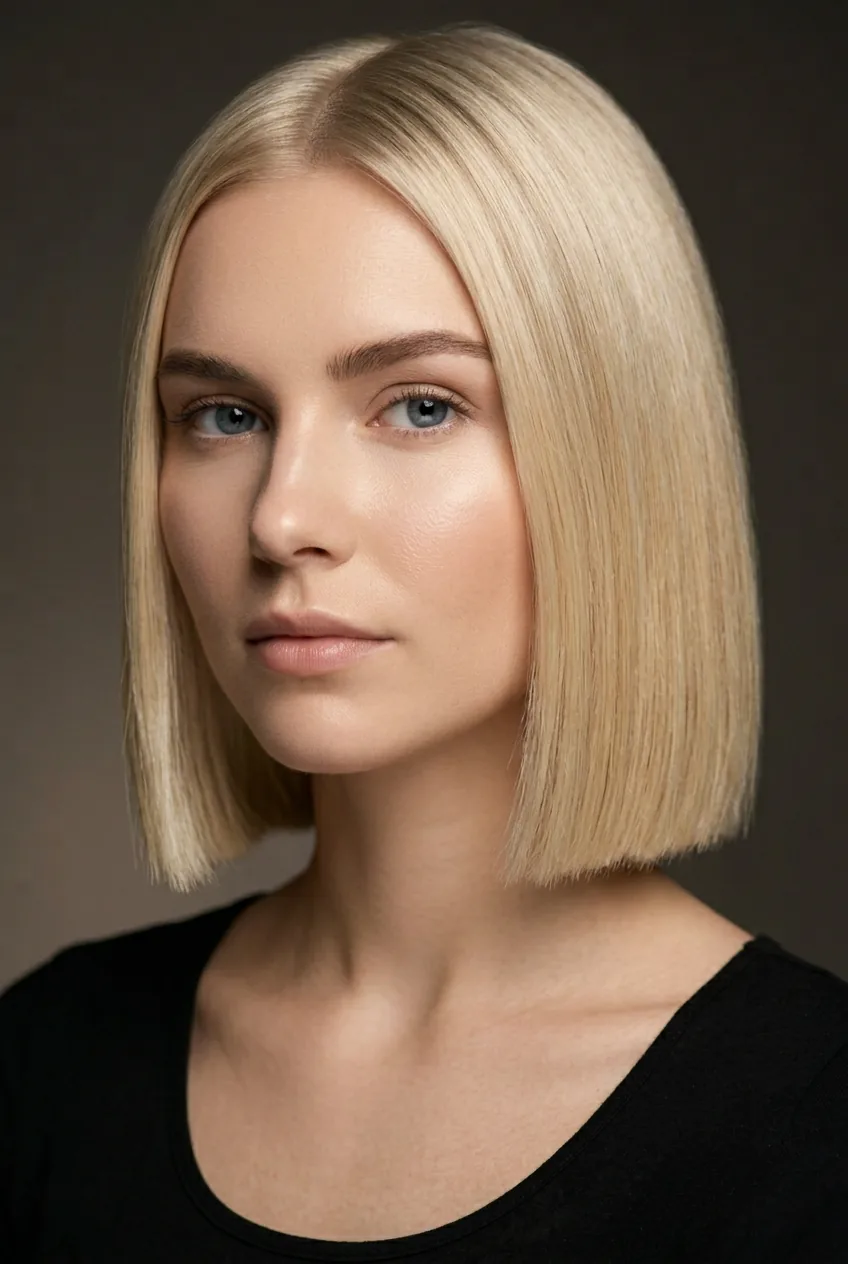 Woman with blonde lob featuring glass-like shine and perfectly straight lines