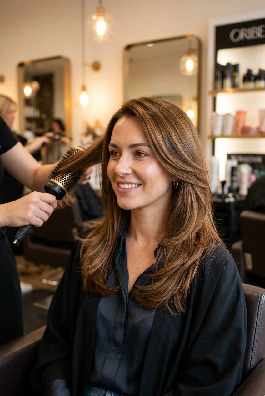 Woman with freshly styled shoulder length hair showing smooth layers and professional finish