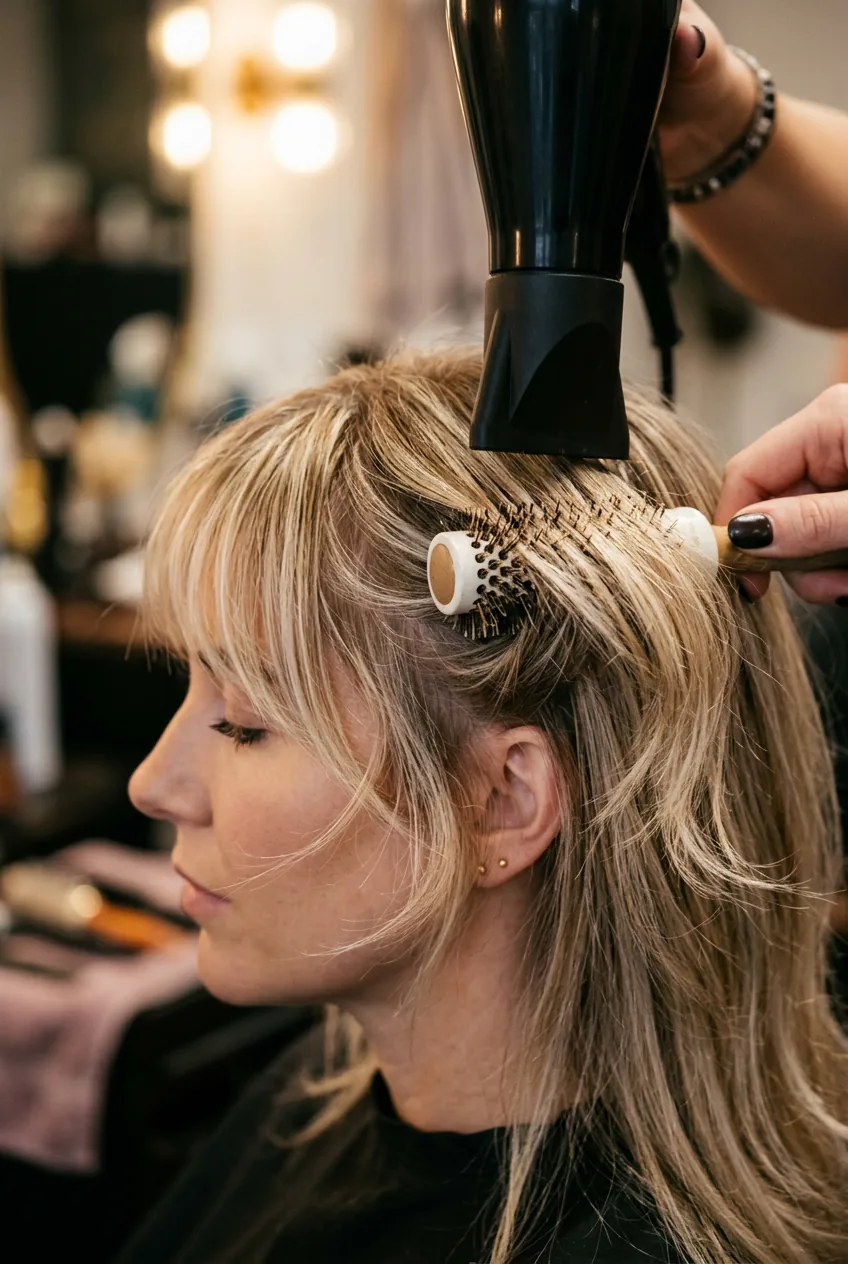Woman blow-drying wispy bangs layers with small round brush and blonde highlights